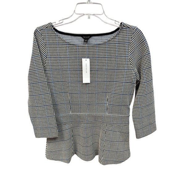 Ann Taylor Small Peplum Top Checkered Plaid 3/4 Sleeve Career Casual - Picture 1 of 5